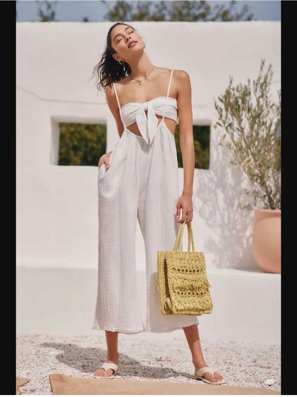 Anthropologie The Wrenley
Suspender Pant Set. White Tie-Front Wide-Leg Jumpsuit
